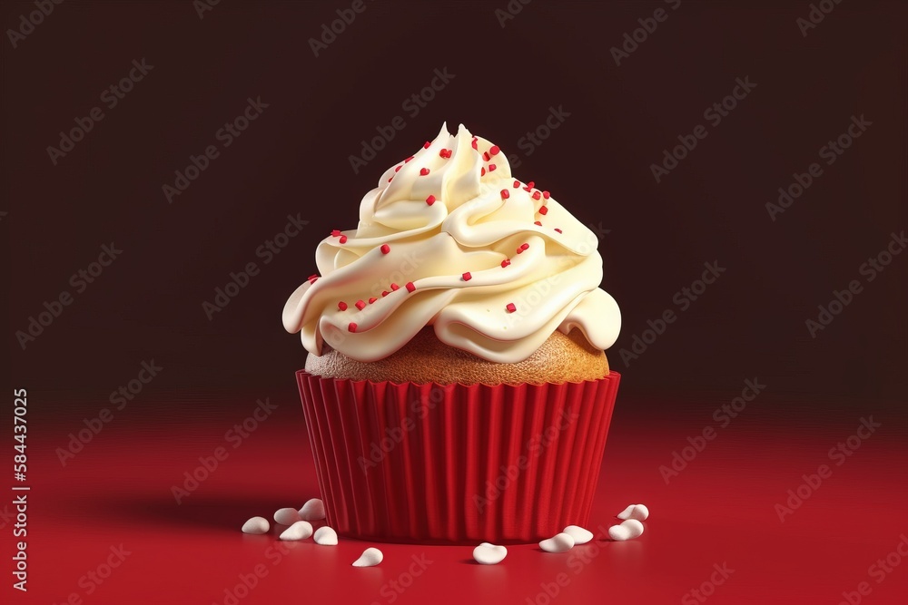 a cupcake with white frosting and sprinkles on a red surface with a black background and a red background behind it. generative ai a cupcake with white frosting and sprinkles on a red surface with a black background and a red background behind it. generative ai