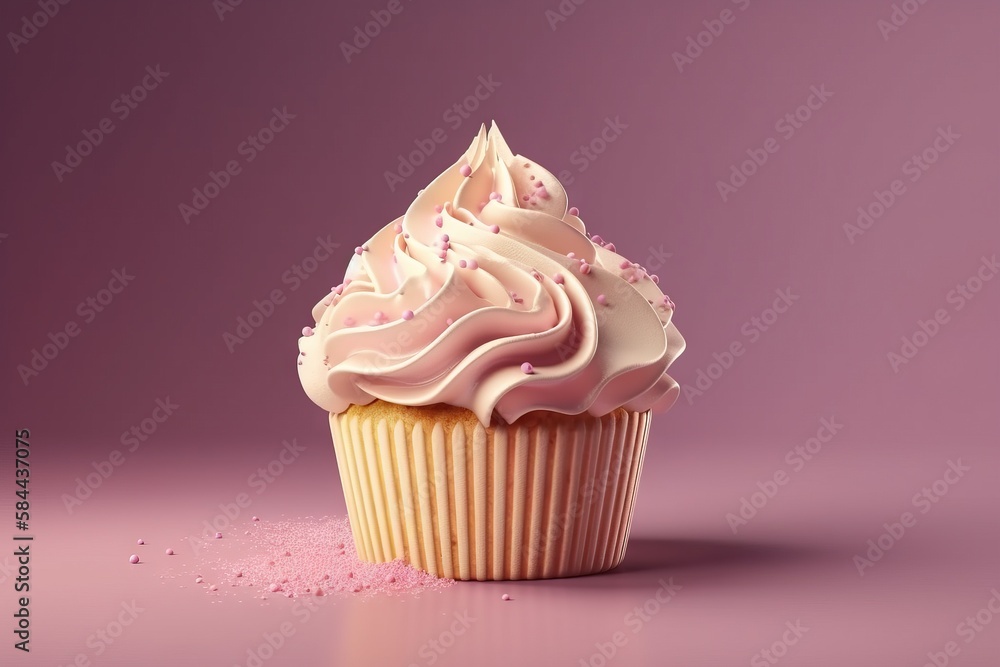 a pink cupcake with white frosting on a pink surface with pink sprinkles on the bottom of the cupcake and the cupcake. generative ai a pink cupcake with white frosting on a pink surface with pink sprinkles on the bottom of the cupcake and the cupcake. generative ai