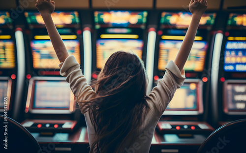 Joyful girl woman raising his hands up happy rejoices at a cash win in a casino on slots. Generative AI