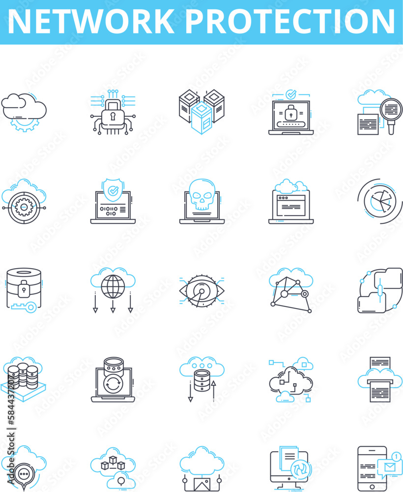 Network protection vector line icons set. Firewall, Antivirus, Encryption, Intrusion, Detection, Prevention, Cybersecurity illustration outline concept symbols and signs
