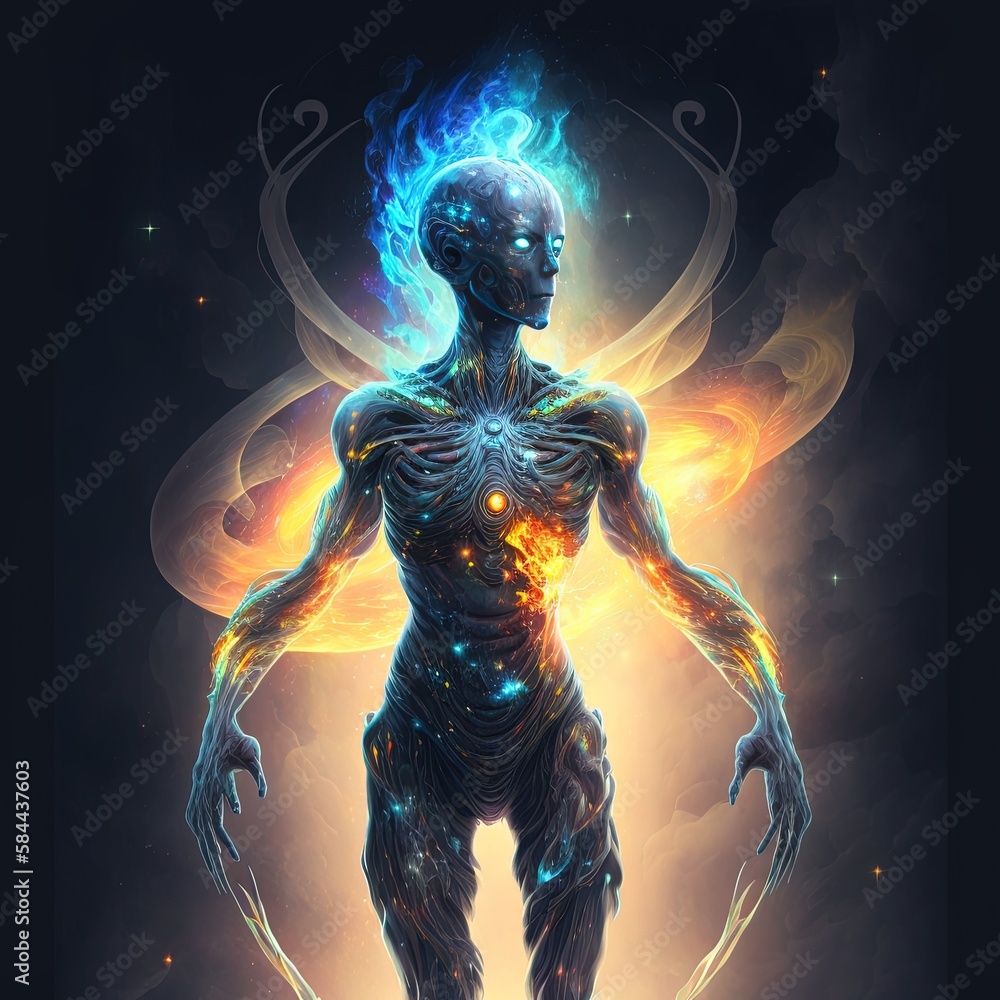 Alien surrounded by strange light. Concept of a file from another world. Generative AI Alien surrounded by strange light. Concept of a file from another world. Generative AI