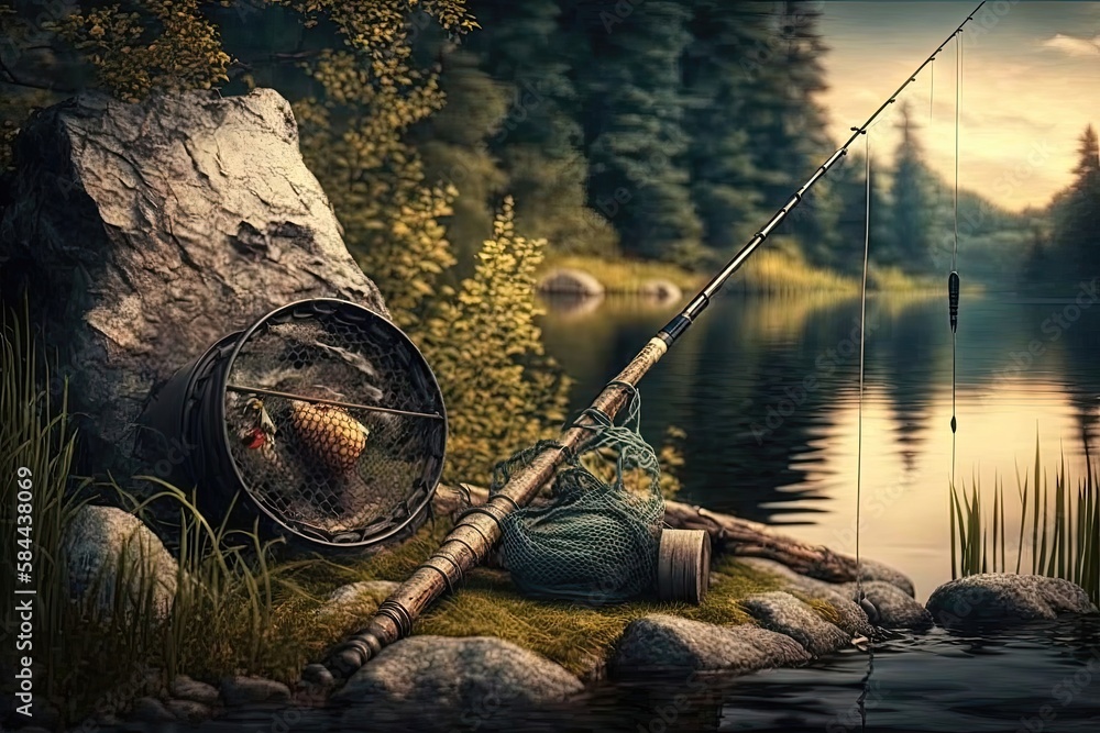 An energetic depiction of a fishing rod and bait, with a bold and