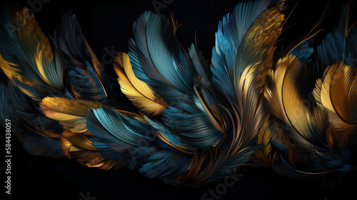 abstract background.blue and gold lush bird feathers on a dark background. generative AI photo