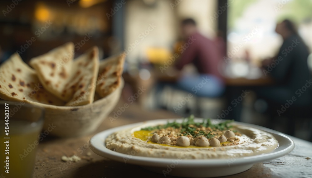 Hummus on Stone, Blurred Background, Rustic Pub. Generative AI