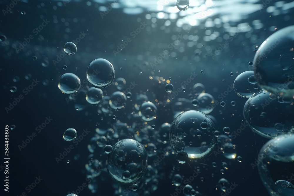 a bunch of bubbles floating in the air on a dark background with sunlight coming through the water and a blue sky in the back ground. generative ai a bunch of bubbles floating in the air on a dark background with sunlight coming through the water and a blue sky in the back ground. generative ai