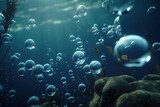  a bunch of bubbles floating in the air over a coral and seaweed in a blue ocean with sunlight shining through the water's surface.  generative ai