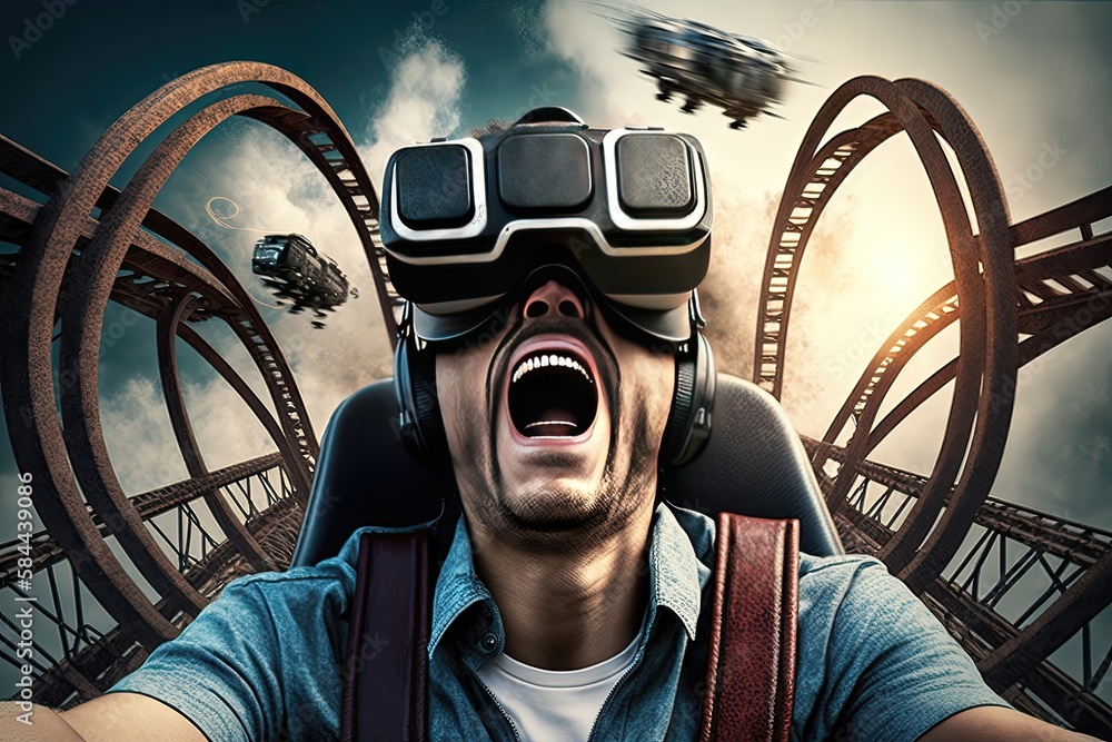 A futuristic virtual reality amusement park with neon lights and high