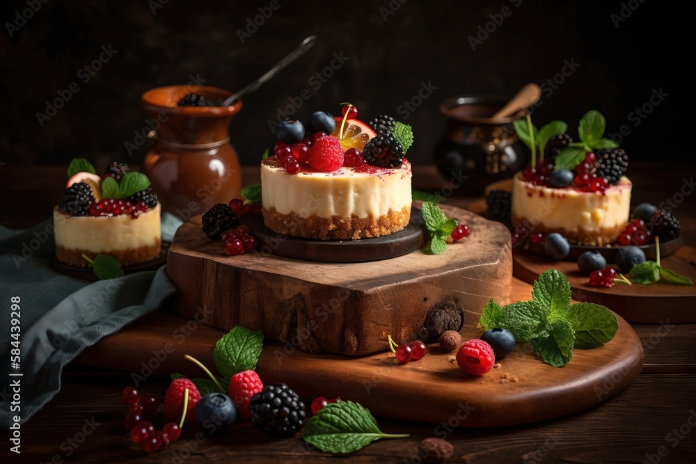  a cake with berries and other toppings on a cutting board with a spoon and a bowl of berries on the side of the cake.  generative ai