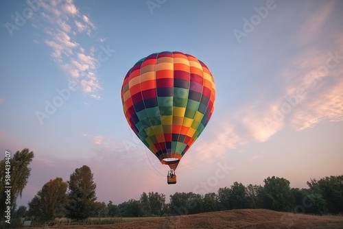  a colorful hot air balloon flying through a blue sky with trees in the background and a few clouds in the sky above it and a dirt field below.  generative ai