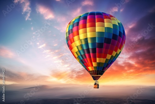  a colorful hot air balloon flying in the sky at sunset or sunrise with clouds in the sky and the sun behind the hot air balloon.  generative ai © Shanti