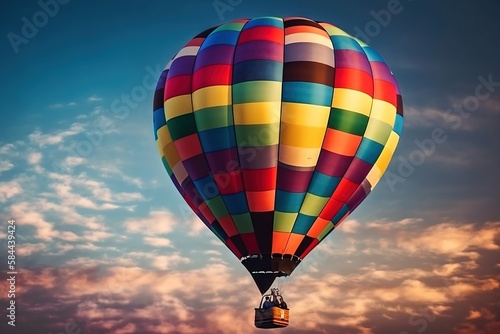  a colorful hot air balloon flying through a cloudy blue sky with a few clouds in the background and a few clouds in the foreground.  generative ai