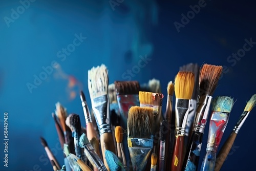  a bunch of paint brushes are in a cup on a table with a blue wall in the background and a blue wall in the background. generative ai
