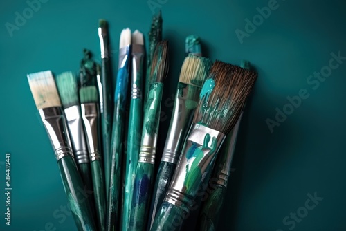  a group of paint brushes sitting on top of a green table top next to a cup of watercolors on a blue surface with a green background. generative ai