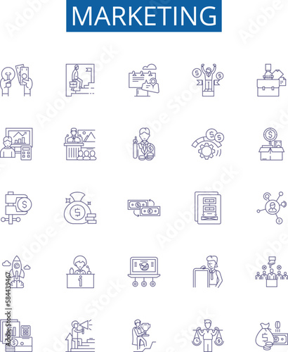 Marketing line icons signs set. Design collection of Advertising, Promotion, Selling, Branding, Publicity, Positioning, Communication, Targeting outline concept vector illustrations