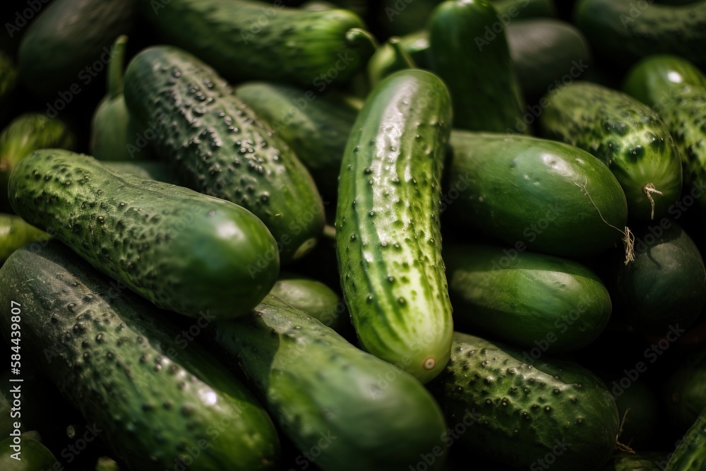 a pile of cucumbers sitting next to each other on a counter top in front of a pile of other cucumber's. generative ai a pile of cucumbers sitting next to each other on a counter top in front of a pile of other cucumber's. generative ai
