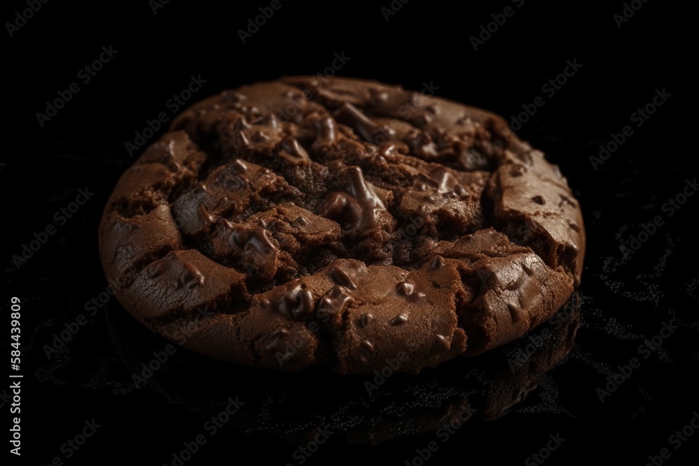 a close up of a chocolate cookie on a black surface with a black background and a reflection of the cookie on the surface with the cookie. generative ai a close up of a chocolate cookie on a black surface with a black background and a reflection of the cookie on the surface with the cookie. generative ai