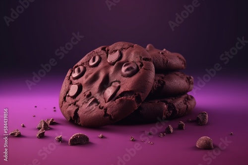  a pile of chocolate cookies with eyes and eyes drawn on them on a purple surface with a purple background and a few scattered chocolate chips. generative ai