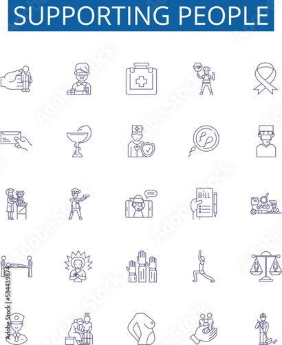 Supporting people line icons signs set. Design collection of Aid, Uplift, Assisting, Easing, Comforting, Nurturing, Championing, Helping outline concept vector illustrations