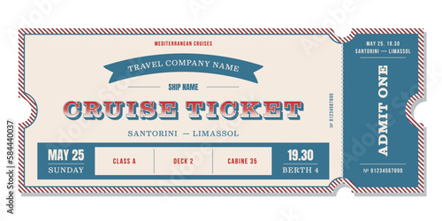 Ship ticket template in a vintage style in blue and red colors. For cruise and travel companies, for other projects. Can be used for printing.