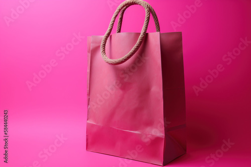  a pink shopping bag with a rope handle on a pink background with a pink flower on the front of the bag and a pink flower on the side of the bag. generative ai