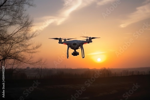  a small white and black remote controlled flying in the air at sunset or dawn with a tree in the foreground and a fence in the foreground.  generative ai © Shanti