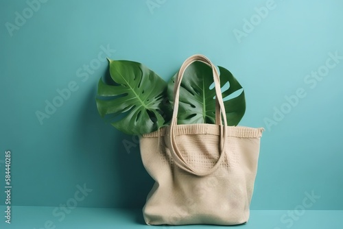  a white bag with a green plant in it on a blue background with a green leaf on the side of the bag and a green plant in the middle of the bag. generative ai