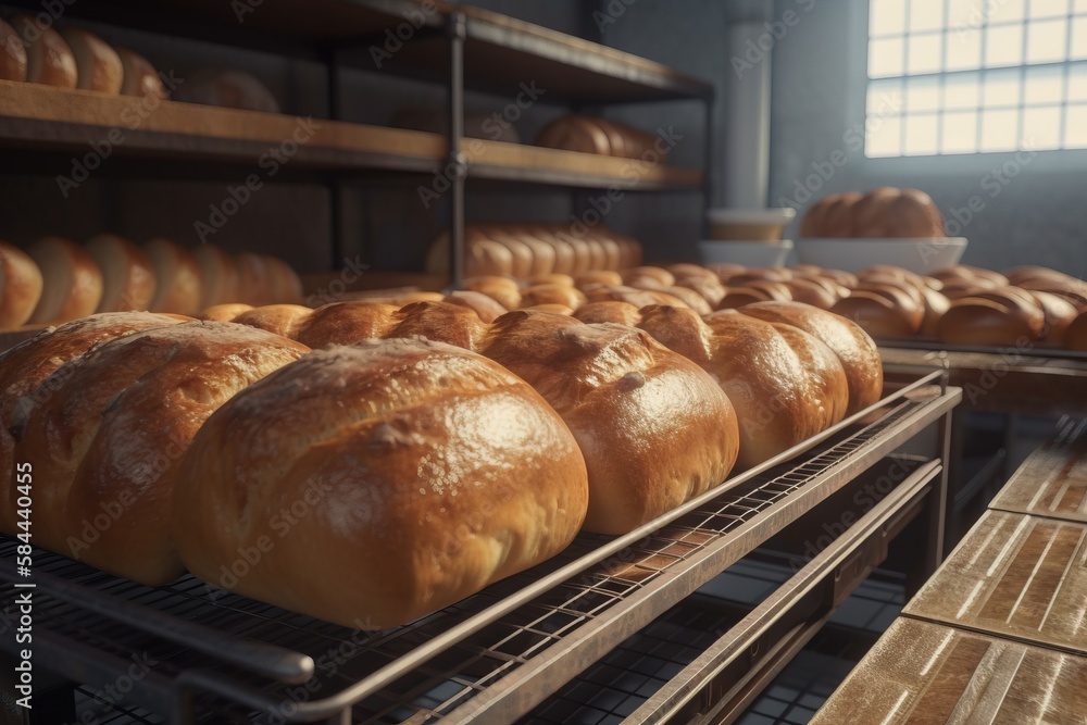  a bunch of loaves of bread sitting on a rack in a room filled with shelves of loaves of bread and loaves of loaves.  generative ai