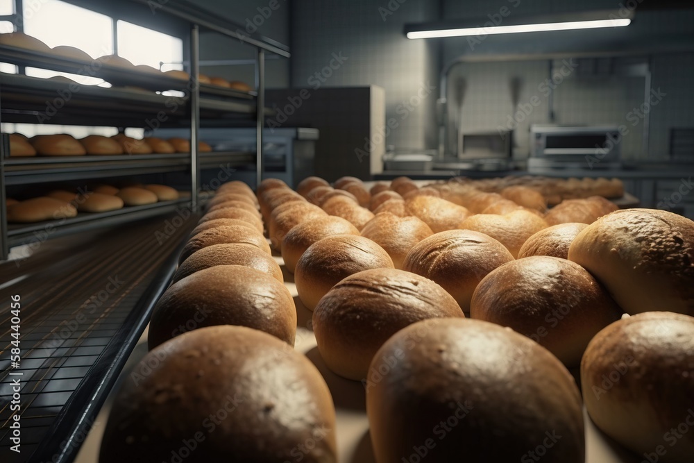  a bunch of breads that are on a shelf in a room with a lot of shelves of bread on the side of the wall.  generative ai
