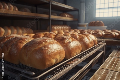  a bunch of loaves of bread sitting on a rack in a room filled with shelves of loaves of bread and loaves of loaves. generative ai