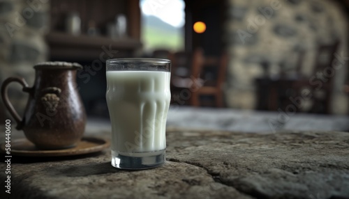 Milk on Stone, Blurred Background, Rustic Pub. Generative AI