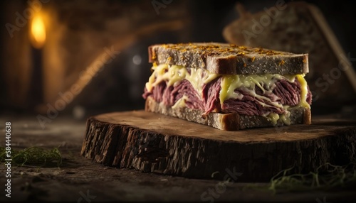 Reuben Sandwich on Stone, Blurred Background, Rustic Pub. Generative AI