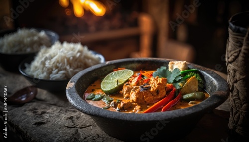 Red Curry on Stone  Blurred Background  Rustic Pub. Generative AI