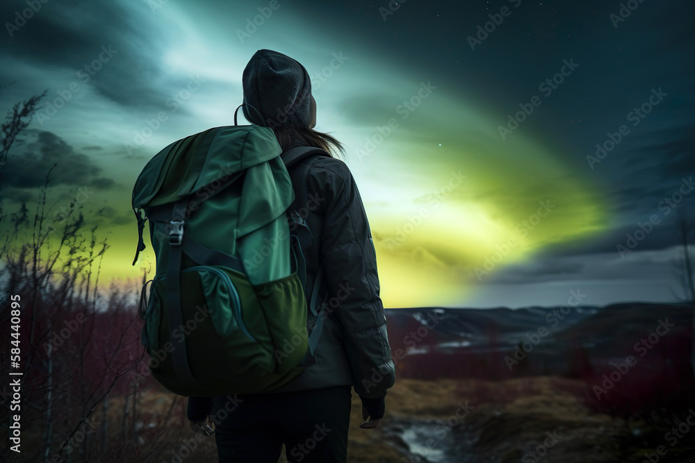 Young woman watching the northern lights also known as aurora borealis. Generative Ai. Young woman watching the northern lights also known as aurora borealis. Generative Ai.