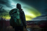 Young woman watching the northern lights also known as aurora borealis. Generative Ai.