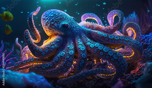 neon colored octopus in the sea AI Generated