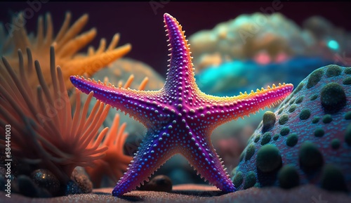 neon colored starfish in the sea AI Generated © xvlex