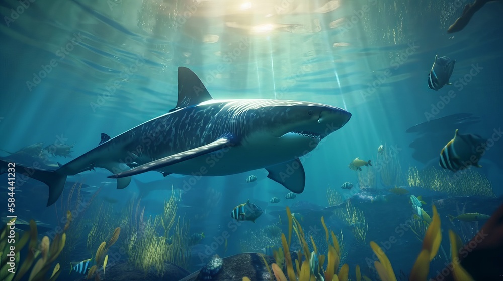 Fototapeta premium Holographic shark in the sea AI Generated