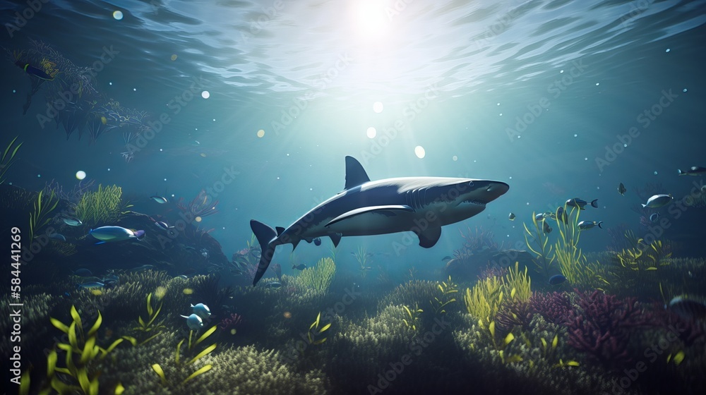 Fototapeta premium Holographic shark in the sea AI Generated