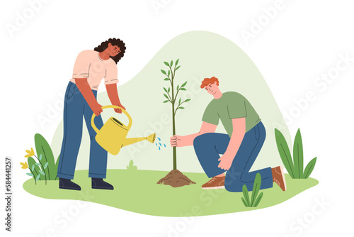 Group people plant trees in park, reforestation. Ecology concept. Taking care of planet. World Environment Day. Gardener or farmer work in garden. Creative web page illustration