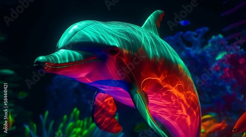 neon colored dolphin in the sea AI Generated