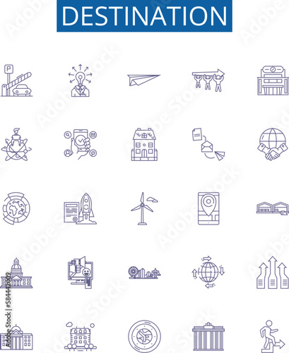 Destination line icons signs set. Design collection of Destination, Outcome, Aim, Wish, Goal, End, Terminus, Intention outline concept vector illustrations