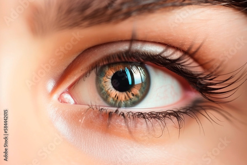 Close up detail beautiful female eye macro, fashion naturel makeup. Generative ai