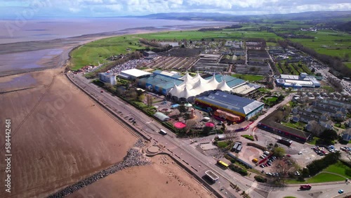 Aerial shot flying towards Butlins holiday camp and beach in Minehead, Somerset. UK photo