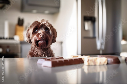 Small dog looking at chocolate bars on kitchen counter. 