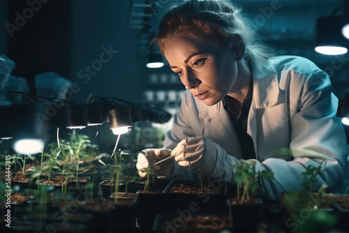 A female scientist researches and records data on cannabis plants in a pot.