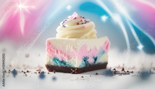 Cheesecake Brownies White Pink Blue Magical Fantasy Bokeh. Generative AI