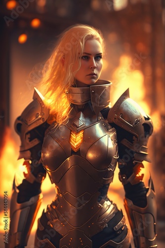 Portrait of a blonde fiery female warrior in fantasy style armor made with generative AI