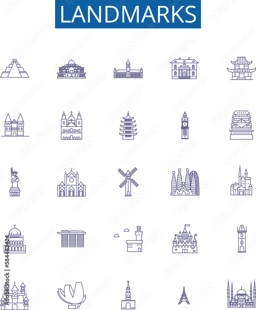 Landmarks line icons signs set. Design collection of Monuments, Statues ...