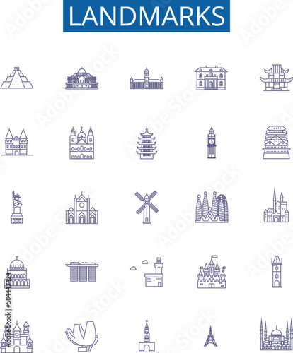 Landmarks line icons signs set. Design collection of Monuments, Statues, Structures, Buildings, Palaces, Ruins, Temples, Architecture outline concept vector illustrations