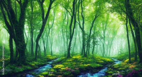 A picturesque relic forest with whimsical tree trunks, running streams, and sunlight in the distance. Illustration. AI generative